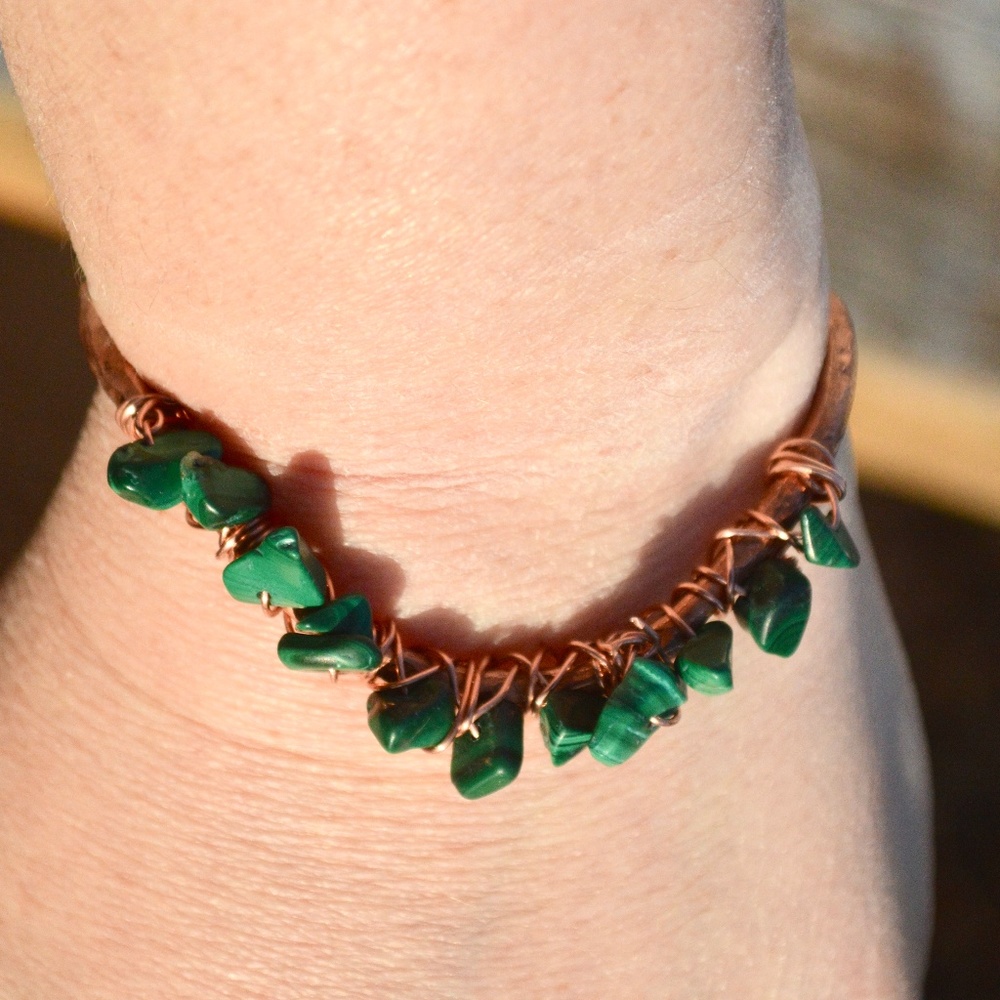 Genuine Malachite Gemstone Green Handmade Wire Wrap Cuff Solid Copper Bracelet - Picture 3 of 9
